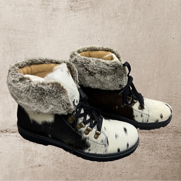 Myra Bag Shoes - New Genuine Cowhide & Leather Bootie Fur winter spring ankle black white sz 9
